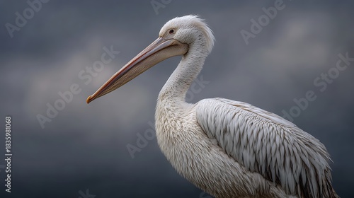 White pelican bird on the beach with a big bill, capturing nature and wildlife by the sea water