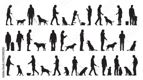 Set of dog and owner silhouettes various poses of people with dogs vector illustration isolated on white