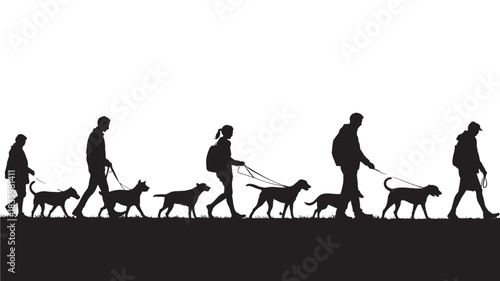 Silhouettes of people walking dogs a vector illustration of diverse individuals with their pets isolated on white background