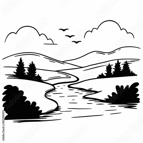 Mountain River Valley – Nature Landscape Line Art Illustration