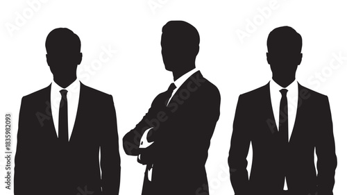 Silhouettes of three businessmen in suits standing in different poses vector illustration for corporate use