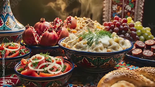 Fresh, diverse dishes from around the world adorn a traditional table setting, perfectly capturing the warm, inviting concept of global culinary traditions where people come together to share in.