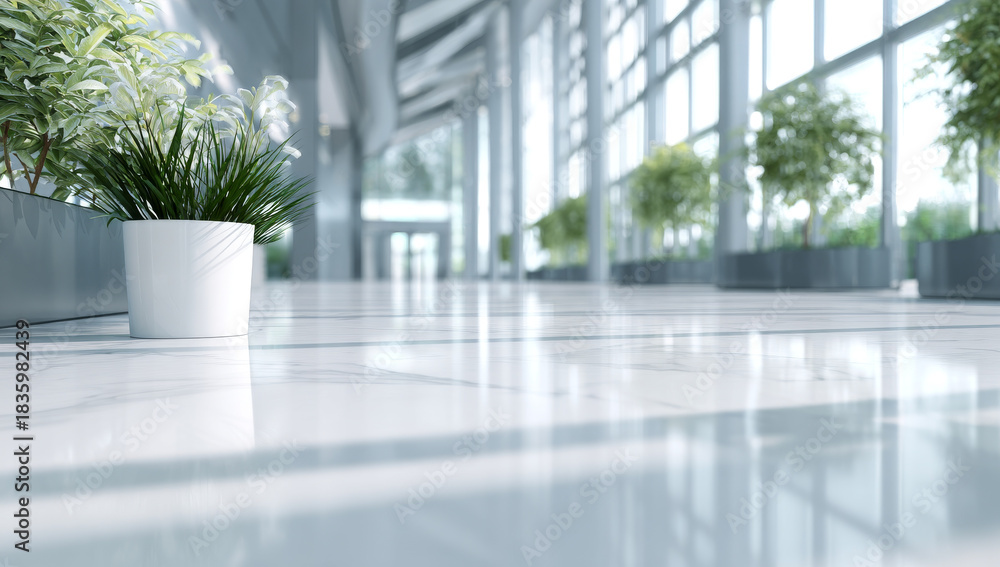 Fototapeta premium Modern interior: polished white marble floor reflecting light in a bright hallway with green plants and large windows