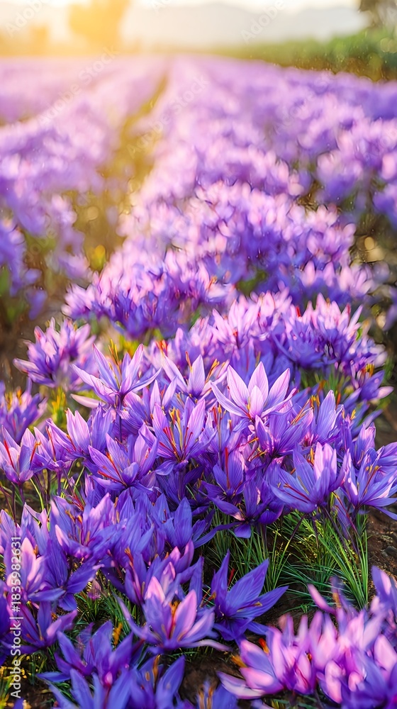 Obraz premium Saffron crocus flowers in purple fields at sunrise for phone wallpaper