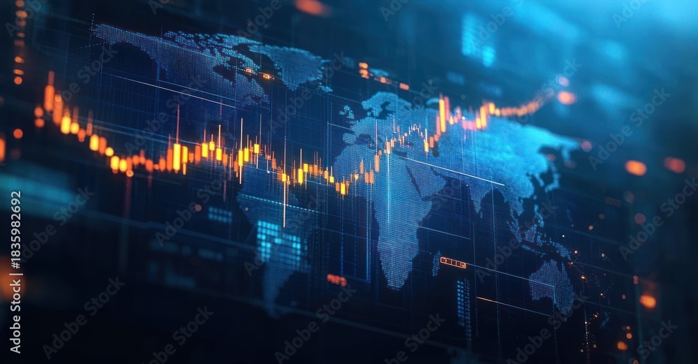 Obraz premium Digital world map with glowing financial chart and fluctuating data visualization representing global market trends and analytics