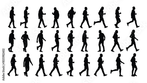 People walking and running silhouettes isolated on white background, Vector