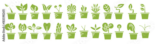 green plant pot icons set