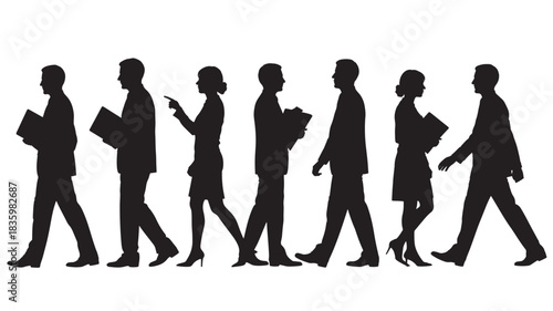 Silhouettes of business people walking diverse group of professionals in motion vector illustration for corporate concept