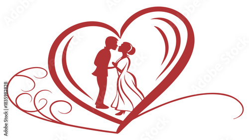 Romantic silhouette of a couple kissing inside a heart shape