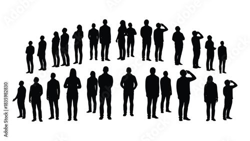 Group of people silhouettes looking up isolated on white background, Vector