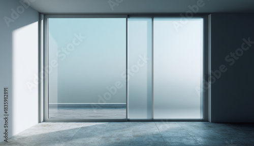 Modern large aluminum sliding door with frosted glass panels in minimalist interior space