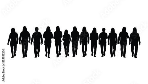 Diverse group of walking people silhouettes isolated on white background, Vector