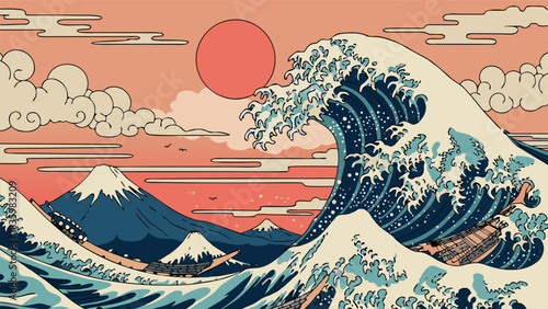 Retro Japanese landscape illustration with a great ocean wave, a snowy mountain peak, and a rising sun in a flat vector design
