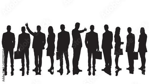 Diverse group of business people silhouettes standing in various poses vector illustration isolated on white background