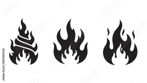 Three black flame icons isolated on white background, representing fire, danger, and energy in a simple design