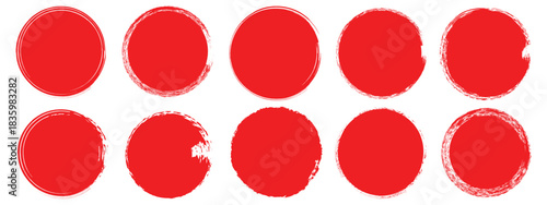 Set of red grunge circles shapes on a white background. Grunge round shapes.Japanese and chinese calligraphy round shapes. Red stamp vector.