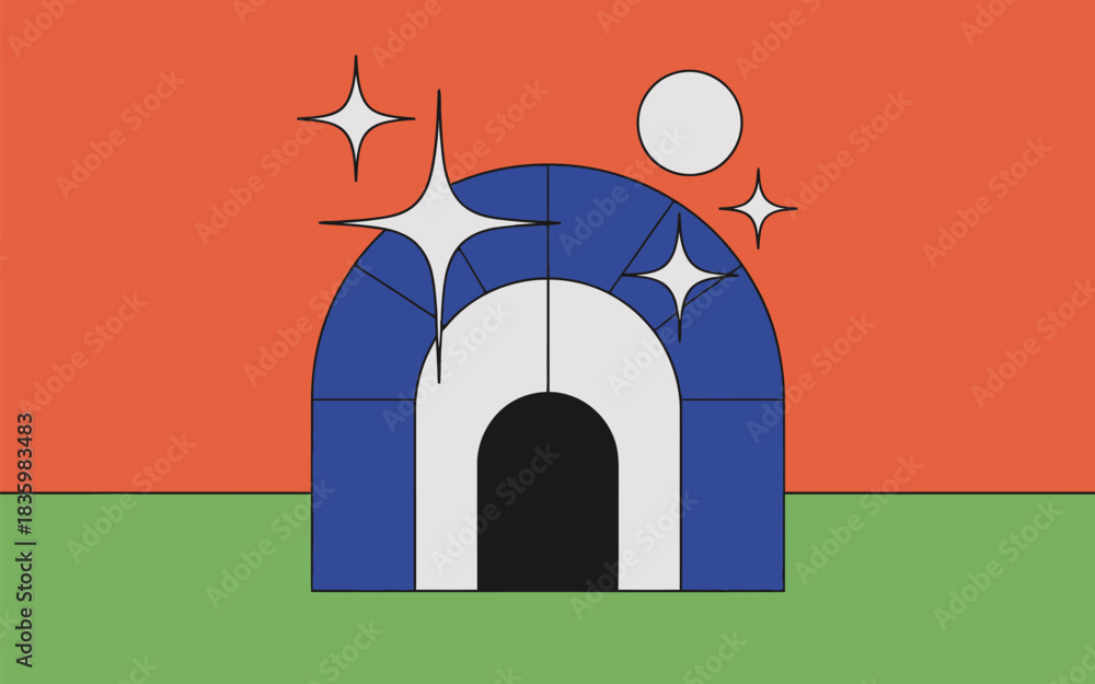 Fototapeta premium Colorful, geometric archway, abstract building, decorative entrance, vibrant illustration