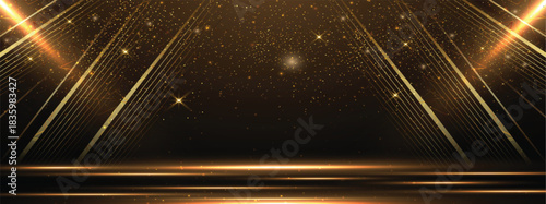 Elegant golden scene diagonal glowing with lighting effect sparkle on black background. Template premium award design.