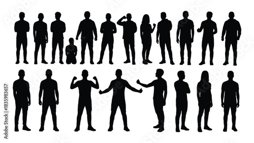 Diverse human silhouettes in various poses isolated on white background, Vector