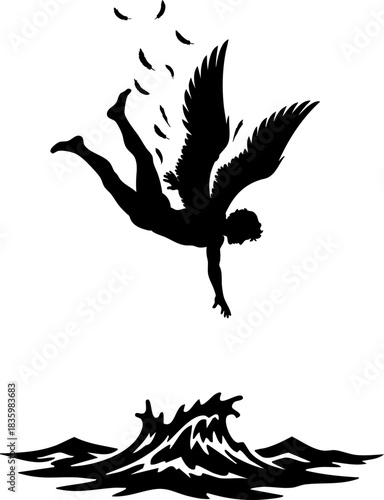 Fall of Icarus as winged figure plunges toward ocean waves