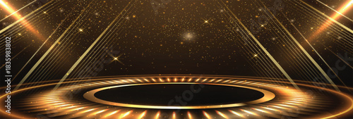 Elegant golden stage circles glowing with lighting effect sparkle on black background. Template premium award design.