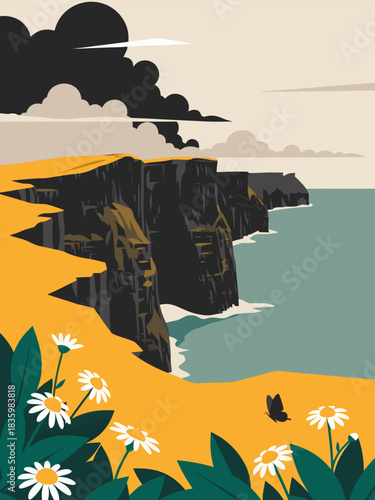 Serene Coastal Cliffs with Wildflowers Under a Dramatic Sky - A Majestic Natural Landscape