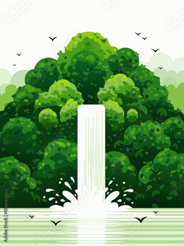 Lush Green Mountain Landscape Vector Illustration with a Dynamic Waterfall Cascading into a Serene Body of Water, Surrounded by Graceful Flying Birds and Vibrant Foliage