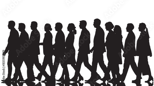 Silhouette of diverse business people walking in a line representing teamwork and collaboration isolated on white