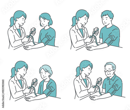 血圧測定のバリエーションイラストセット（全年齢・男女）