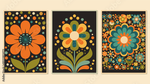 Groovy Floral Prints Retro Flower Power in Vector Art, Vintage 70s Style Design