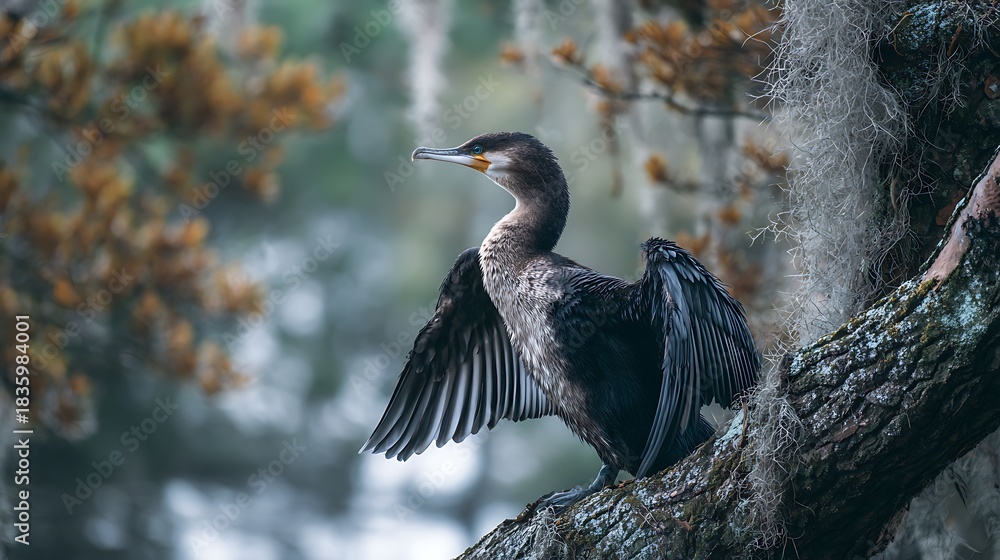 Naklejka premium Great blue heron with grey and blue feathers standing in a forest setting near water, capturing its wildlife nature and long beak