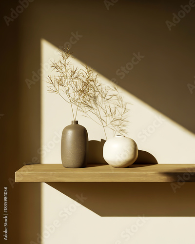 Still Life of Vases and Dried Grass on a Shelf with Dramatic Light