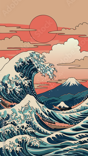 Dynamic Japanese-inspired illustration of a colossal ocean wave crashing majestically before Mount Fuji under a radiant crimson sun, capturing timeless natural power