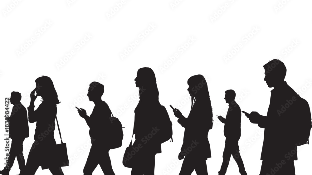 Obraz premium Silhouette of people using mobile phones walking in a row vector illustration isolated on white background