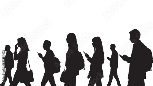 Silhouette of people using mobile phones walking in a row vector illustration isolated on white background