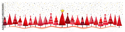 24 red christmas trees and firs in a row for advent calendar web banner, watercolor vector illustration of an abstract christmas background, template for marketing and advertising