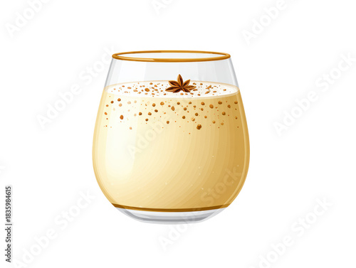 Festive glass of creamy eggnog cocktail with star anise and cinnamon spice. warm, cozy traditional holiday beverage for winter celebration on an isolated background