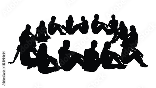Silhouettes of people sitting in a circle isolated on white background, Vector