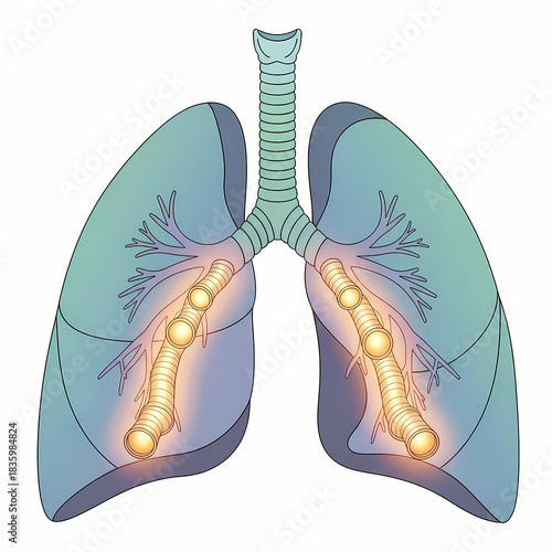 Diagram of the human lungs and bronchial tubes showing inflammation and constriction, a common symptom of asthma or bronchitis. Respiratory illness concept.