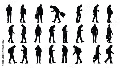 Collection of male silhouettes with mobile phones and bags isolated on white background, Vector