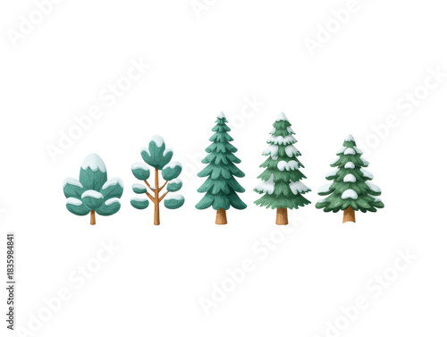 Cheerful illustration set of evergreen pine and fir tree covered in snow for winter christmas holiday season. stylized forest collection isolated on transparency background