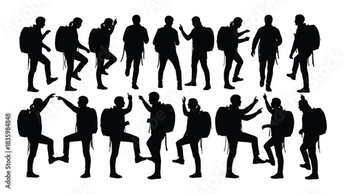 Hiking backpackers silhouettes isolated on white background, Vector