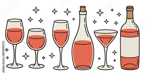 wine bottles and glasses with rose wine and sparkle accents