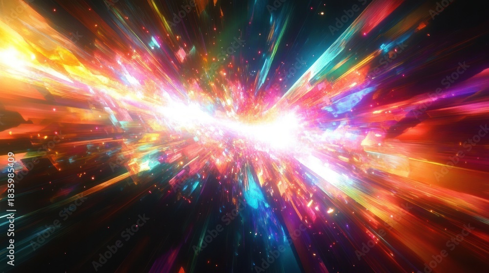 Naklejka premium Bright colorful explosion of light and particles radiating outward with vivid streaks of red, orange, yellow, blue, and purple against a dark background