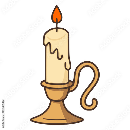 candle in candlestick holder retro vintage light flat color vector illustration template design