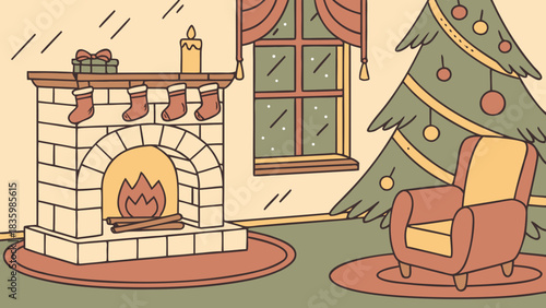 “Cozy December home interior, fireplace, warm lights, winter atmosphere, flat cartoon vector.”