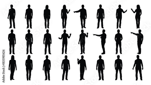 Diverse collection of people silhouettes in various poses isolated on white background, Vector