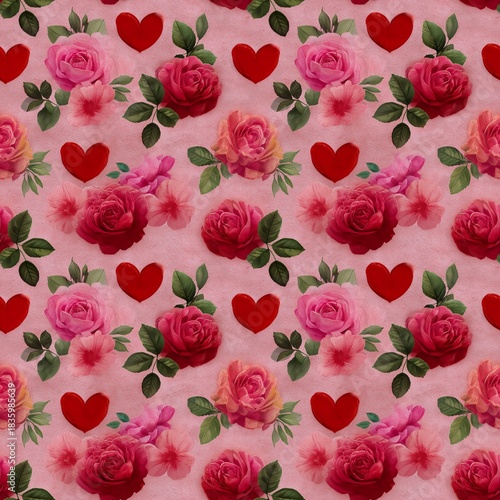 Pink Romantic Pattern with Roses and Hearts