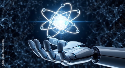 Robotic hand holding glowing atom structure suitable for artificial intelligence and physics science innovation concepts futuristic machine technology art.