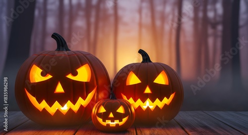 Fototapeta Naklejka Na Ścianę i Meble -  Spooky carved halloween pumpkins jack o lantern with glowing faces in dark misty forest 3d illustration suitable for autumn holiday party greeting card and scary background design.